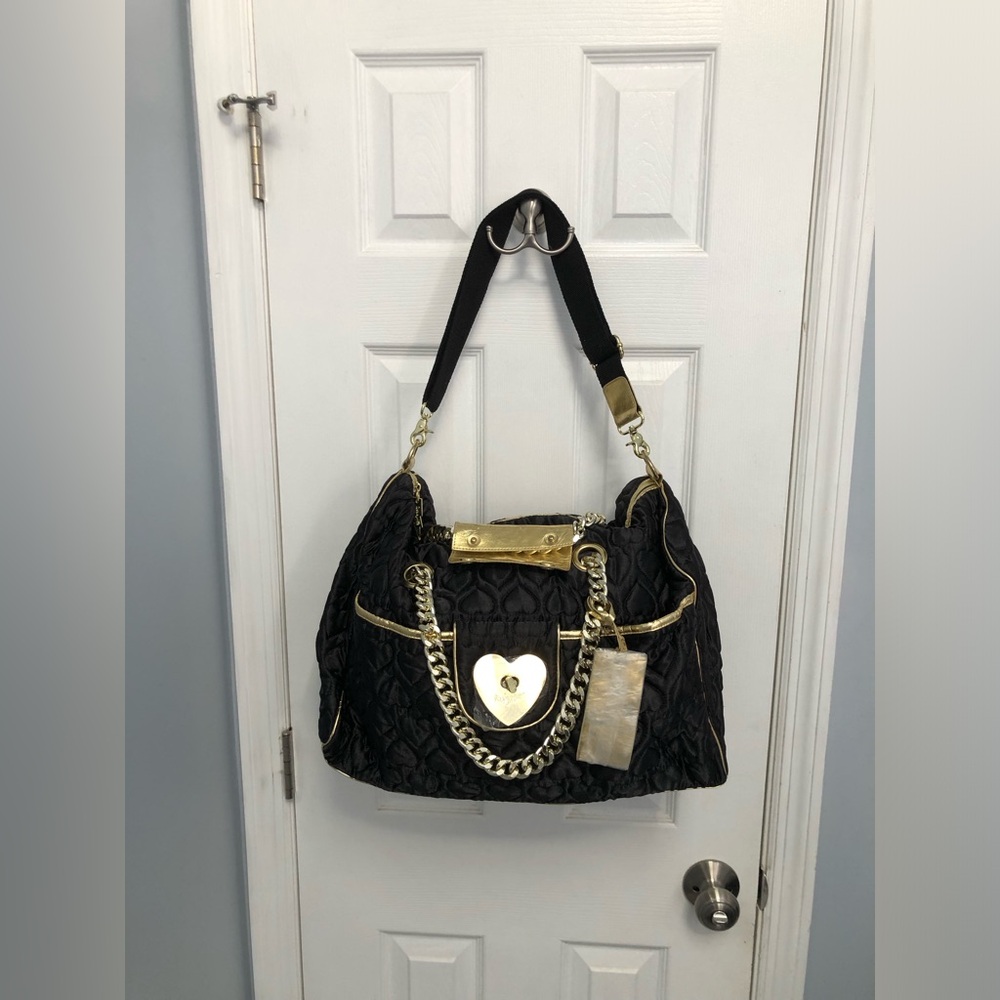 Betseyville Betsey Johnson Party Hearty Black Gold overnight Bag Quilted duffle